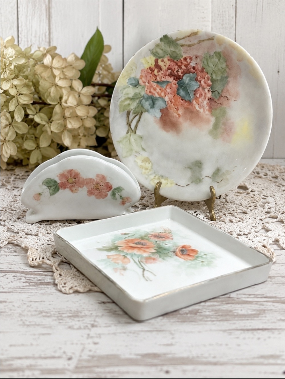 3 Pcs Vintage Porcelain Trinket Dishes. Poppy | Watercolor Effect | Feminine EUC